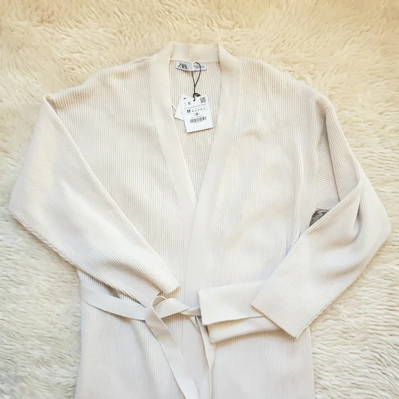 Zara Ribbed Knit Coat M Cream NWT - Picture 7 of 14